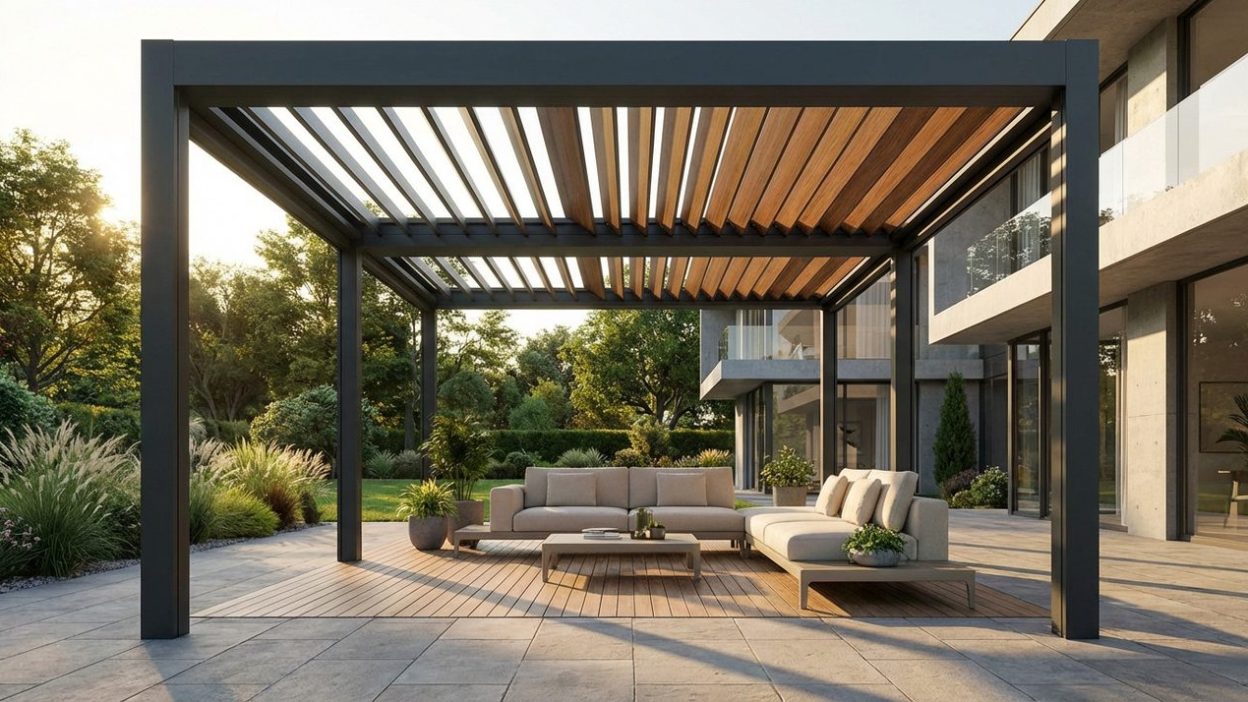 Pergola bioclimatique en aluminium sur une terrasse