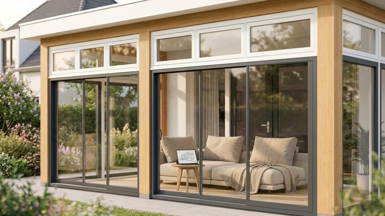 Véranda moderne avec vue sur le jardin