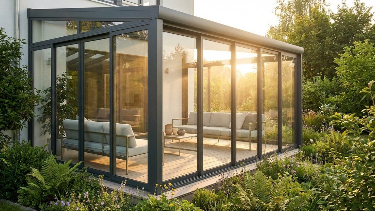 Véranda moderne avec vue sur le jardin