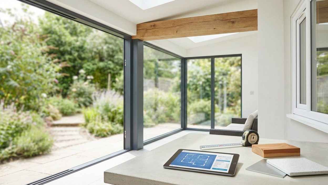 Véranda moderne avec vue sur le jardin